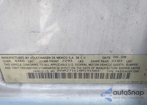 2008 Volkswagen Jetta Se/Sel z USA, uszkodzony, nr VIN 3VWRZ71K18M191083